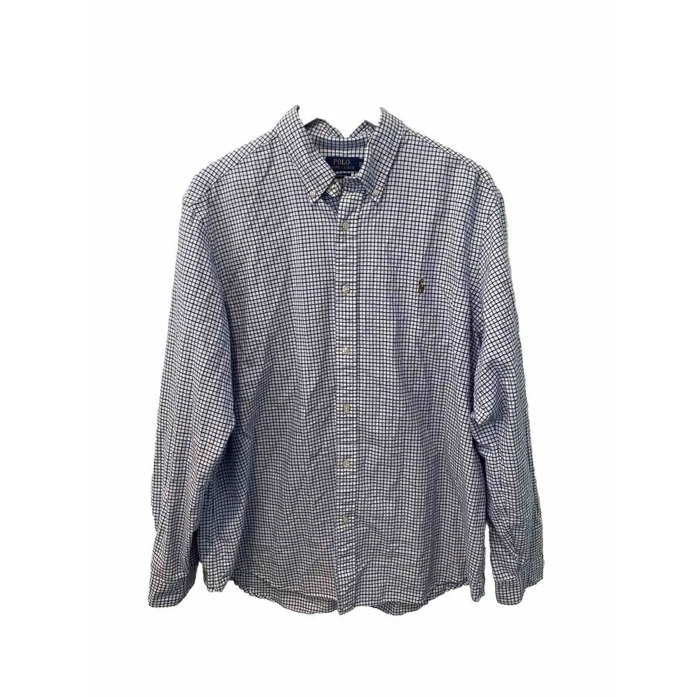 Polo Ralph Lauren Shirt Mens 2XL XXL Blue Oxford Long Sleeve Plaid Check Pony